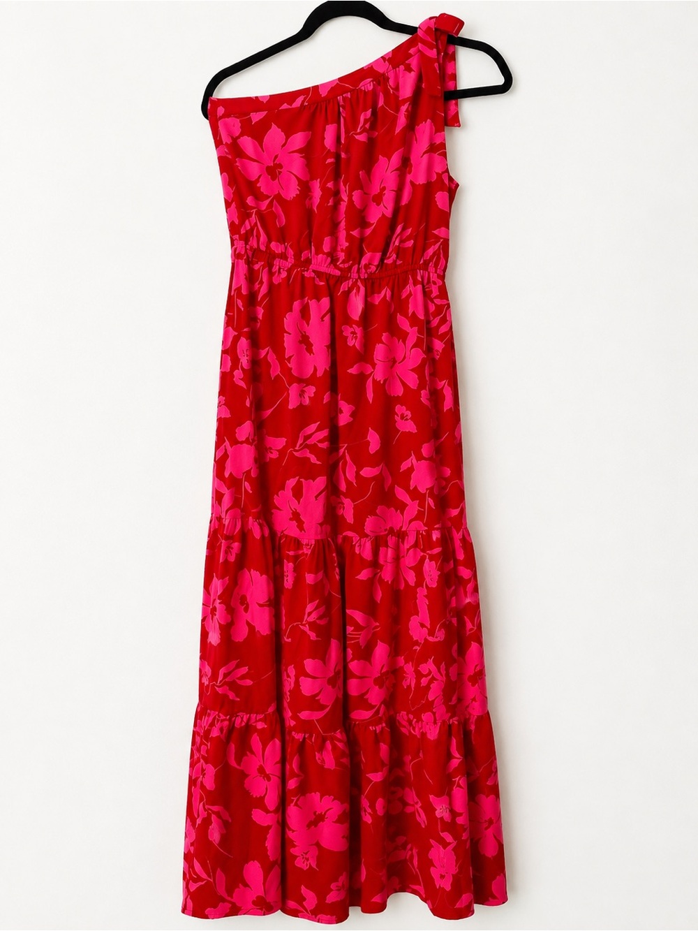One-Shoulder Red & Hot Pink Floral Maxi Dress by Pretty Garden